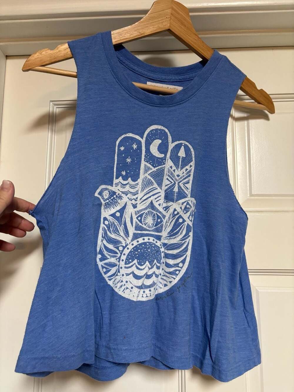 Spiritual Gangster Hamsa Cut Off Band Tank Size XS Blue Graphic Muscle Top